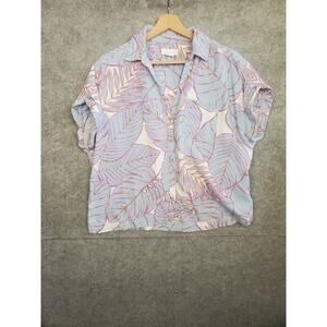 Women's Cynthia Rowley Size Medium Blue Tropical Leaf Linen Blend Blouse